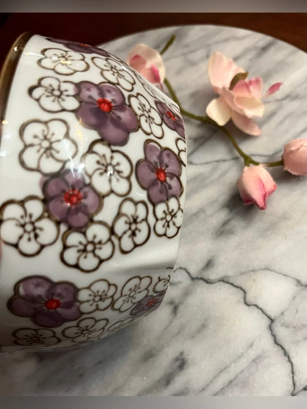 Yokohama Studio Japan Hand Painted Textured Floral Purple Blossom Ceramic Bowl